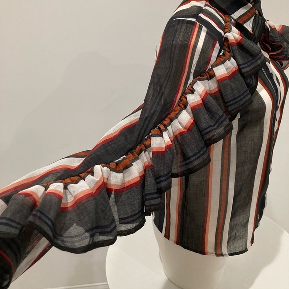 NEW GRACIA Black White Red Stripped Button Down Ruffle Blouse M - Picture 10 of 13